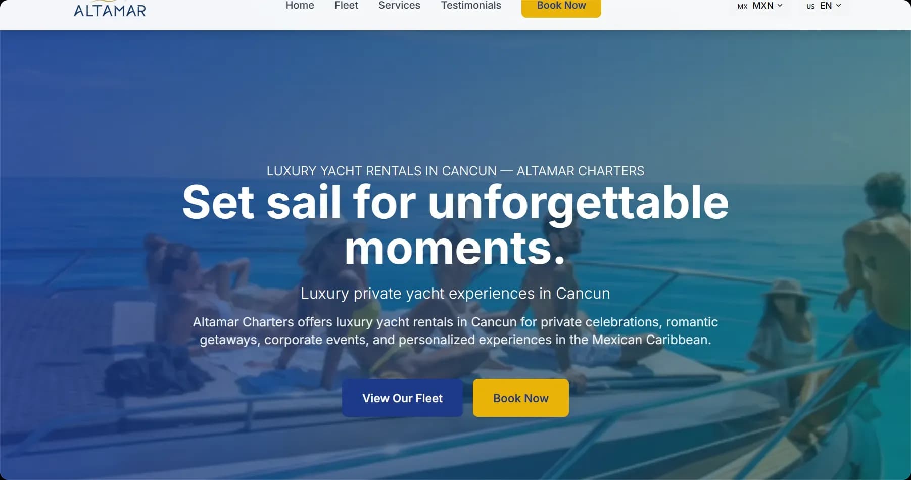 Hero section — luxury yacht experiences in Cancun with instant booking CTA