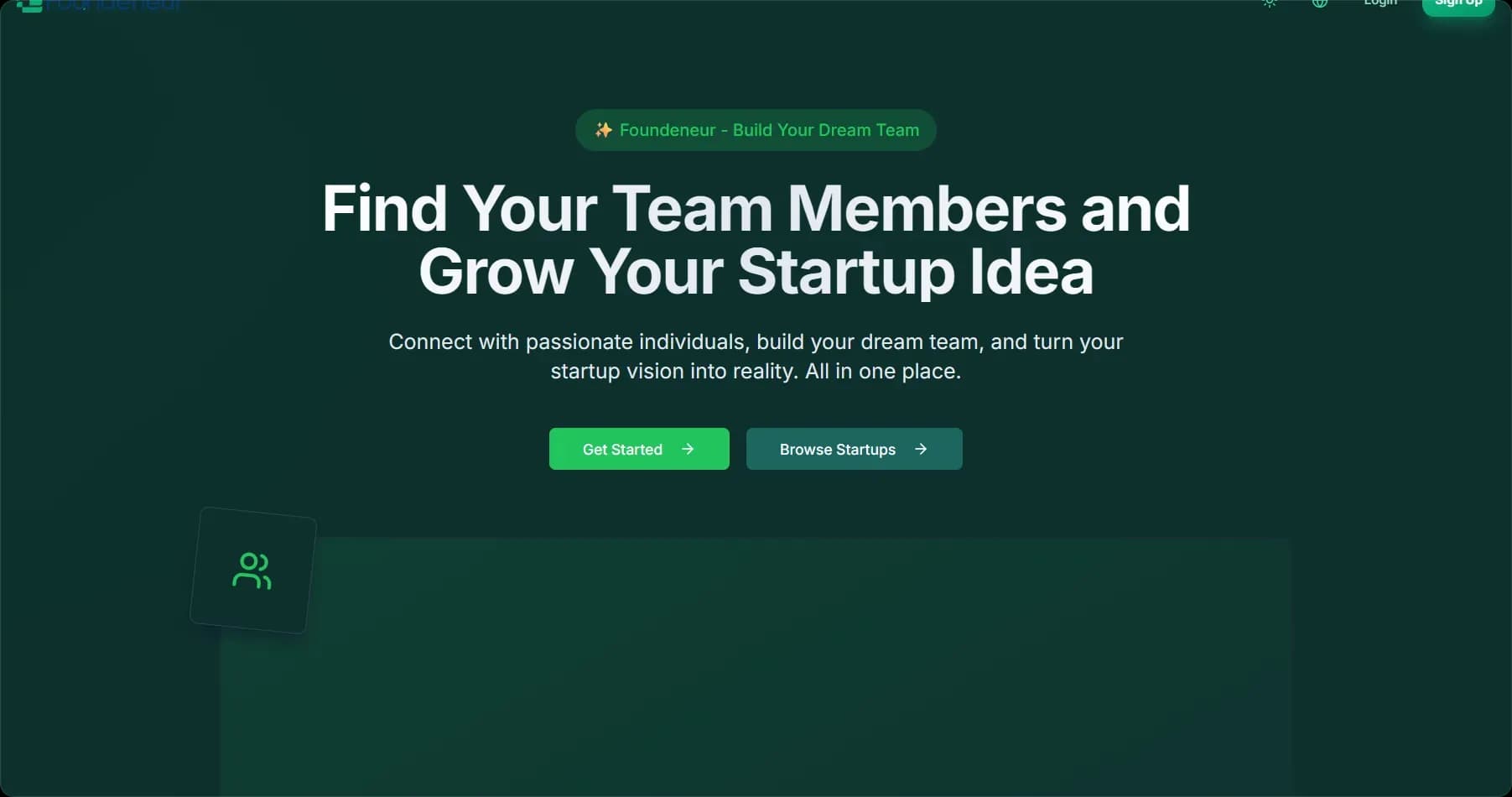 Landing page hero — find co-founders, build teams, launch startups