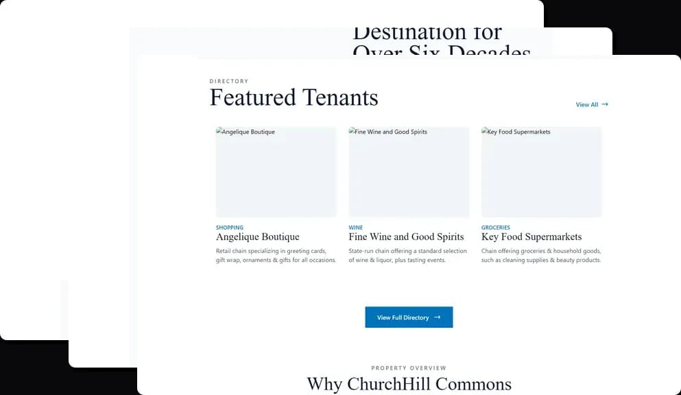 Complete property showcase from landing to tenant directory to leasing